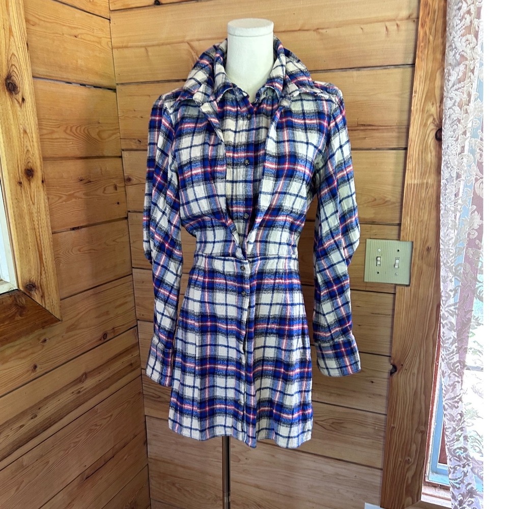 Fitted Plaid Flannel‎ Dress Womens Medium Blue Red Tartan Long Sleeve Zara
